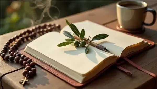 A peaceful lifestyle flat-lay featuring an open leather journal, a fresh olive branch, and an elegant ceramic mug with steam rising, bathed in a warm, golden-hour glow.