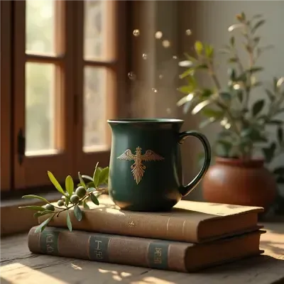 Visions of Grace boutique ceramic mug with lion emblem.