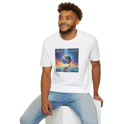 Front view of a white graphic tee featuring a cinematic globe surrounded by celestial light and the scripture "My Help Comes From The Lord" in elegant typography.