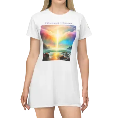 A white t-shirt dress featuring the "Blessings Abound" artwork: a serene golden ocean sunset beneath heavenly clouds in a high-glamour sanctuary style.