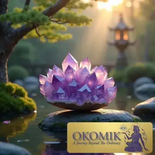 A high-end close-up of a translucent amethyst crystal cluster on a smooth stone, representing mystical wellness and spiritual energy.