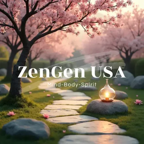 A serene Japanese cherry blossom garden with a stone path and a glowing glass lantern, featuring the ZenGen USA Mind-Body-Spirit logo overlay.