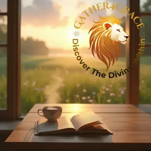 Minimalist lifestyle photography of a linen journal and a cup of tea by a window with a soft sunrise, symbolizing faith and inspiration.