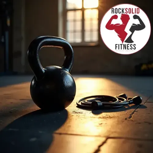 Cinematic close-up of a black kettlebell and jump rope on a dark gym floor with dramatic sunlight, featuring the RockSolid Fitness logo.