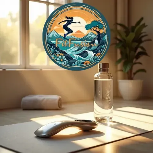 Modern wellness lab setup with a high-tech recovery tool and water bottle on a white yoga mat, featuring the FitFusion integrated wellness logo.