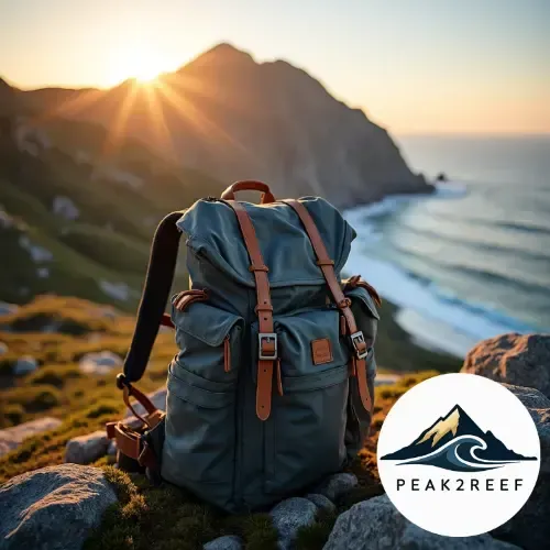 Outdoor adventure photography of a rugged hiking backpack at sunset on a mountain peak, featuring the new minimalist Peak2Reef logo.