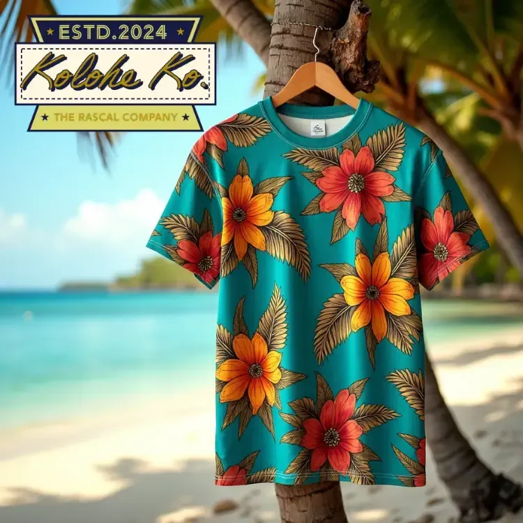 Premium lifestyle shot of a Polynesian-patterned t-shirt on a driftwood rack against a tropical beach, representing the Kolohe Ko bold island humor brand.