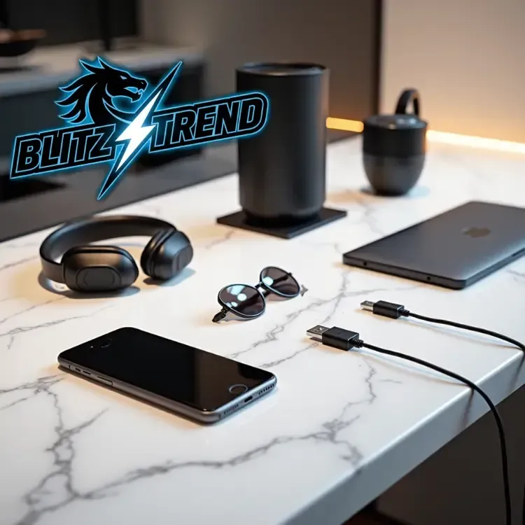 Sleek, modern display of trending high-tech gadgets on a white marble surface with boutique lighting, representing the BlitzTrend curated lifestyle shop.