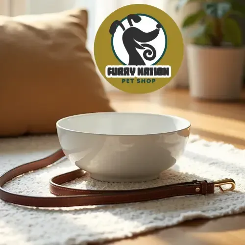 Premium ceramic pet bowl and leather leash on a white rug, representing boutique goods for pet-centric families.