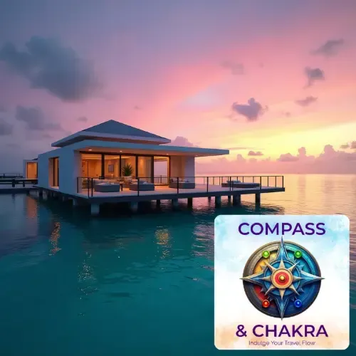 Aerial view of a luxury overwater bungalow at sunset, representing soulful wellness retreats and travel.