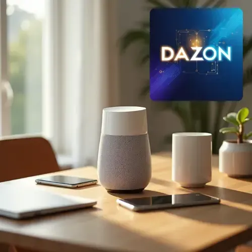 Modern smart home gadgets on an oak table, representing AI-curated shopping excellence.