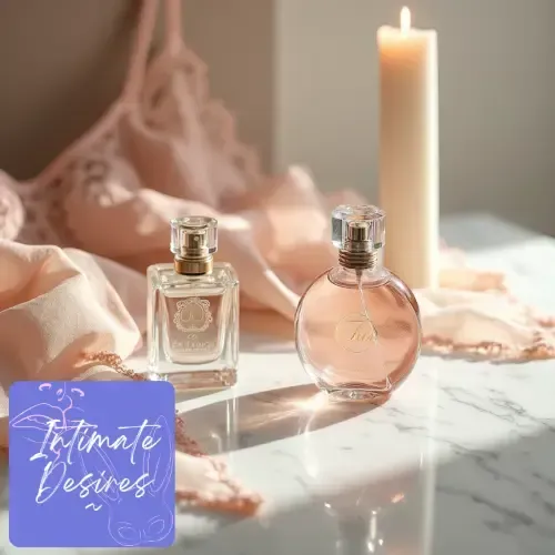 Luxury glass bottles and silk on marble with warm lighting, representing curated personal wellness and care.