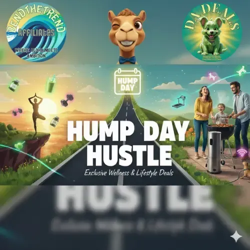 HumpDay Hustle Mascot - Camel winking at sunrise with fitness and wellness icons.