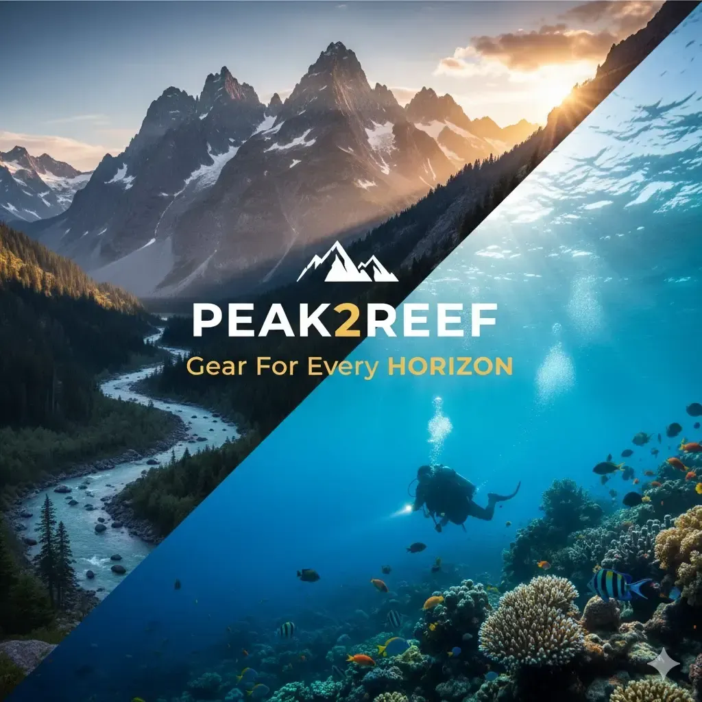 A split-view landscape featuring a snow-capped mountain range above a clear waterline and a sea turtle swimming over a vibrant coral reef below, representing the Peak2Reef brand journey.