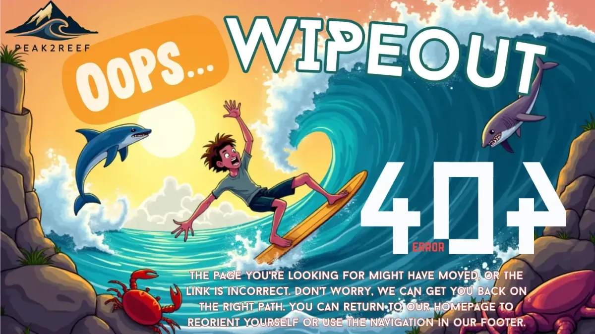 A massive blue ocean wave curling over a surfer, representing a '404 Wipeout' on the Peak2Reef gear shop.