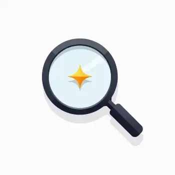 Minimalist vector icon of a magnifying glass with a diamond sparkle, representing expert product curation in Lightning Blue.
