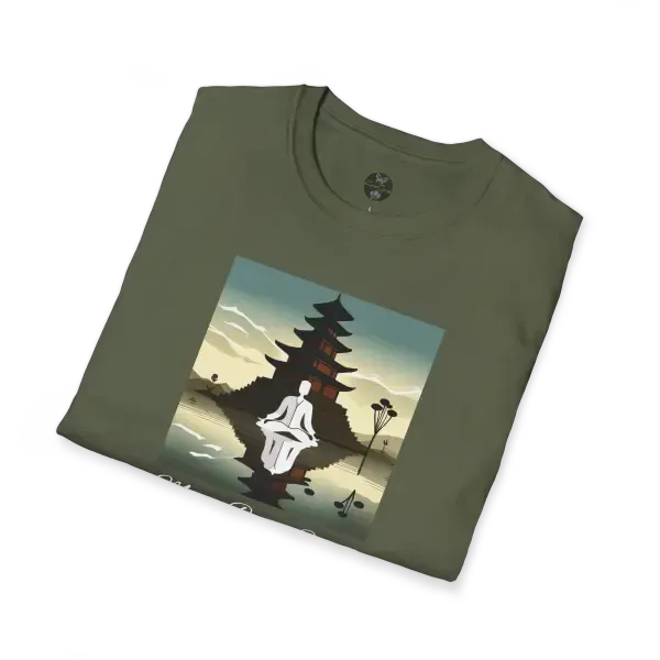 ZenGen USA Apparel Lab – Olive green Mind-Body-Spirit graphic tee featuring a sacred pagoda meditation design.