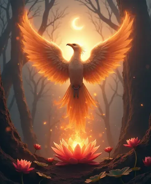 A vibrant digital painting of a majestic Phoenix with wings spread wide, glowing in fiery oranges and golds against a mystical forest backdrop, symbolizing the ZenGen USA journey of rebirth and holistic healing.