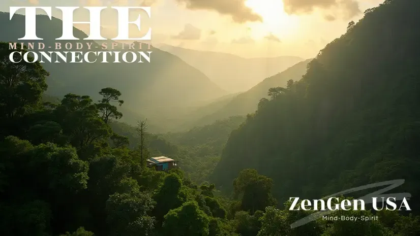 A wide-angle photo of a lush, misty Volcano, Hawaii landscape — dense ohia lehua forest in the foreground, a small home or lanai visible through the trees, and a clear patch of sky above suggesting satellite signal. Warm, golden late-afternoon light. Mood: peaceful, remote, connected.