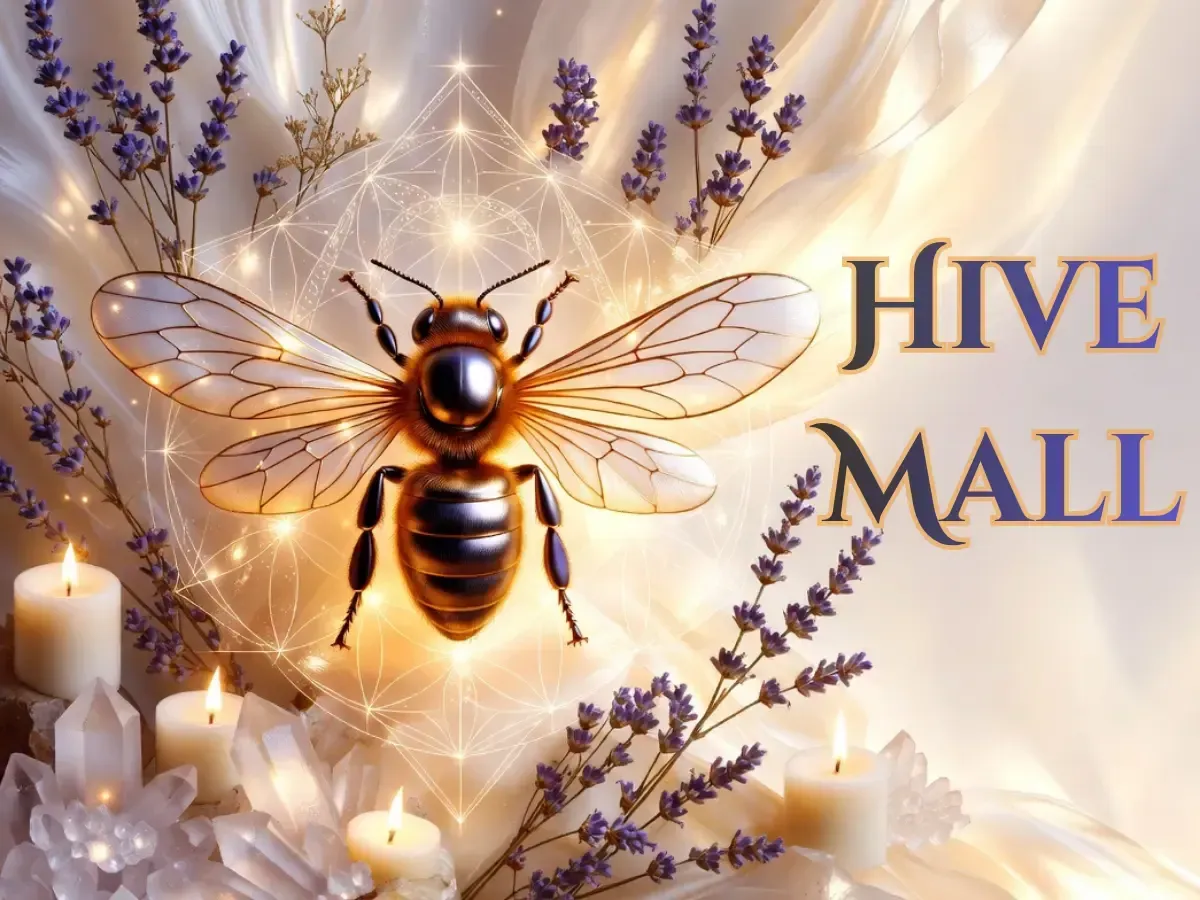 Gather4Grace Hive Mall Sanctuary Collection – golden honey bee with lavender, crystals, and candles representing faith-inspired wellness and spiritual community