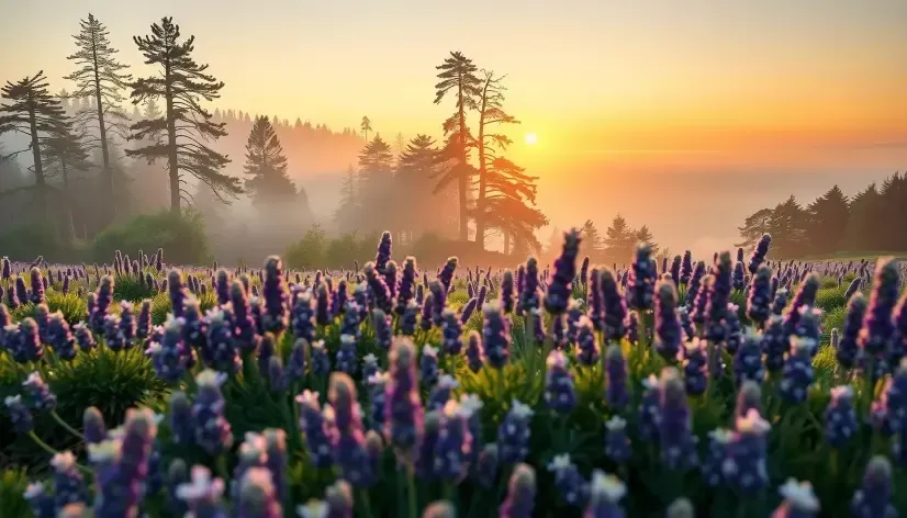 Lavender meadow at golden hour with misty cedar forest and ocean coastline — nature healing and aromatherapy wellness