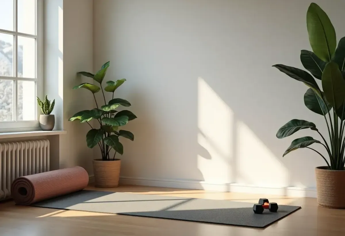 Small home fitness corner with yoga mat and weights