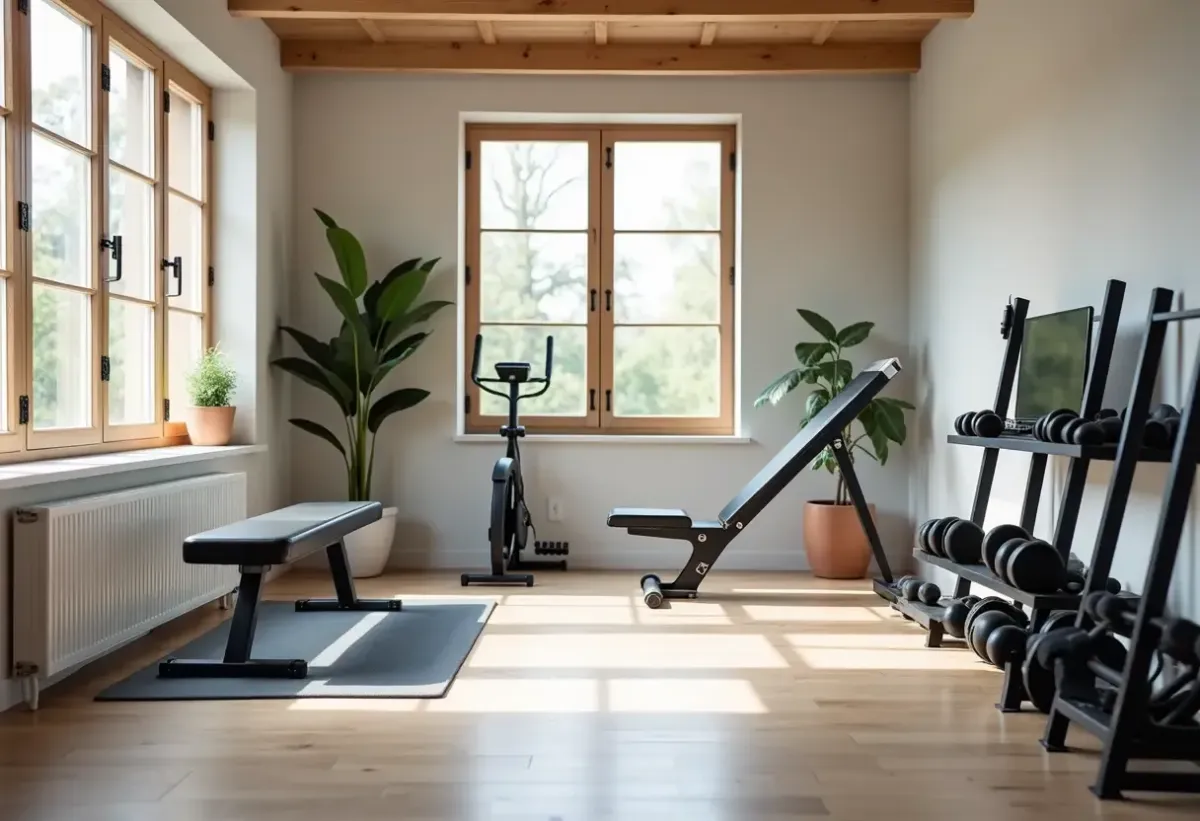Well-designed home gym with organized fitness equipment