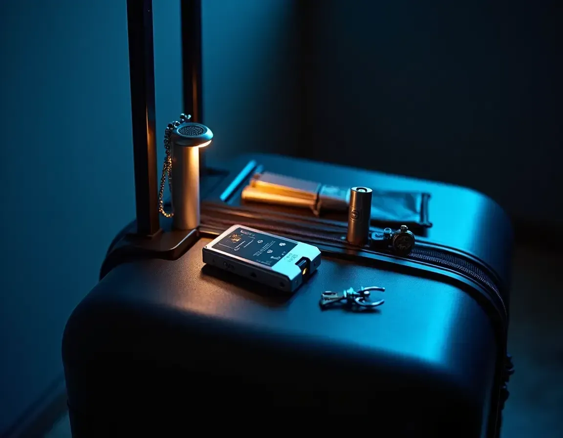 Travel safety essentials laid out next to a packed bag, including locks, organizers, and gear for secure, confident travel.