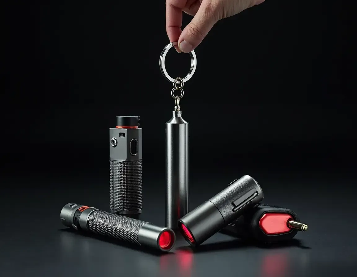 Compact everyday carry self-defense tools arranged on a table, including keychain and pocket items for personal protection.