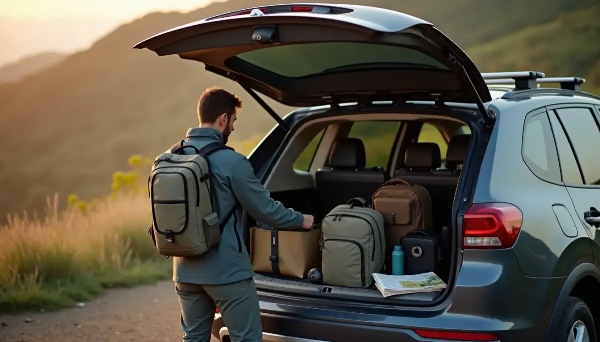 Person organizing a compact everyday readiness kit at the back of an SUV