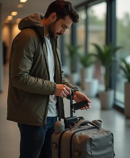 Traveler packing a carry-on bag with practical safety and travel essentials