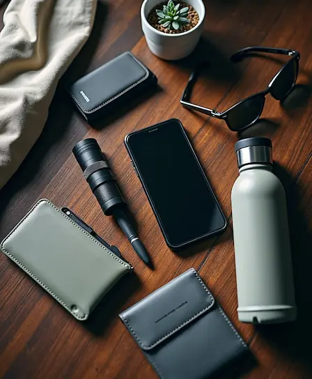 Everyday-carry essentials arranged on a desk, including a phone, flashlight, notebook, keys, and power bank