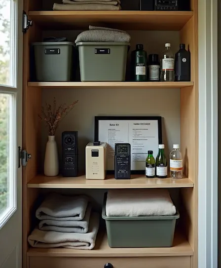 Organized home preparedness supplies including lights, water, batteries, and a first-aid kit