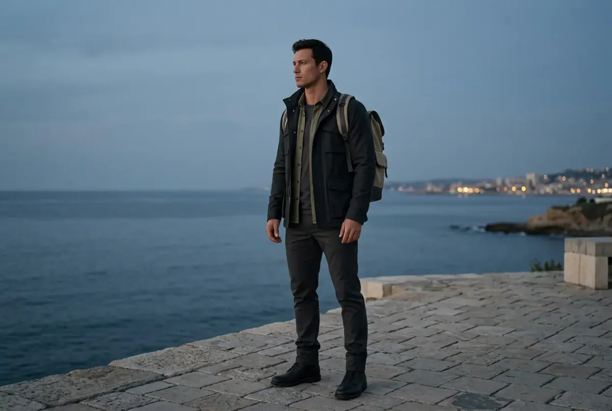 Guardian Sentinel figure standing outdoors in a dark field jacket, representing calm preparedness and awareness