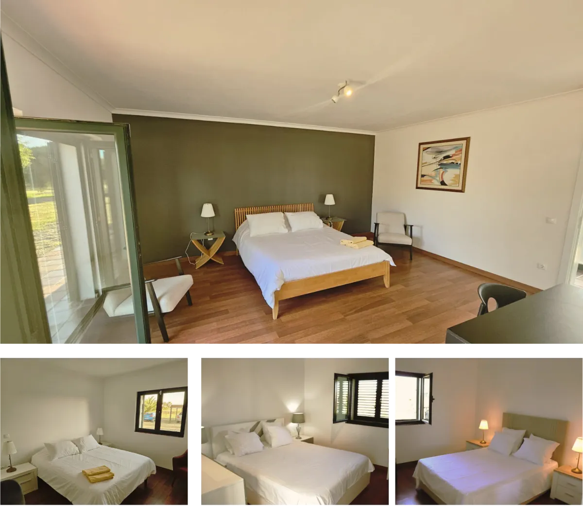 Quartos acolhedores e elegantes no Monte da Figueira Brava, com decoração rústica e moderna, proporcionando um ambiente tranquilo e confortável, ideal para uma estadia relaxante no Alentejo.
