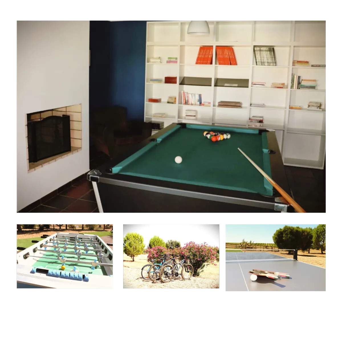 Sala de jogos no Monte da Figueira Brava, equipada com bicicletas, mesas de pingue-pongue e outros jogos, oferecendo um espaço divertido e dinâmico para atividades recreativas e momentos de lazer.