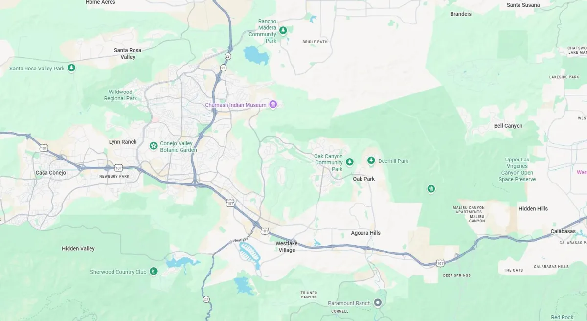 Map of Westlake Village, CA and surrounding Conejo Valley area for Chris Villa-Lovos Plumbing service.