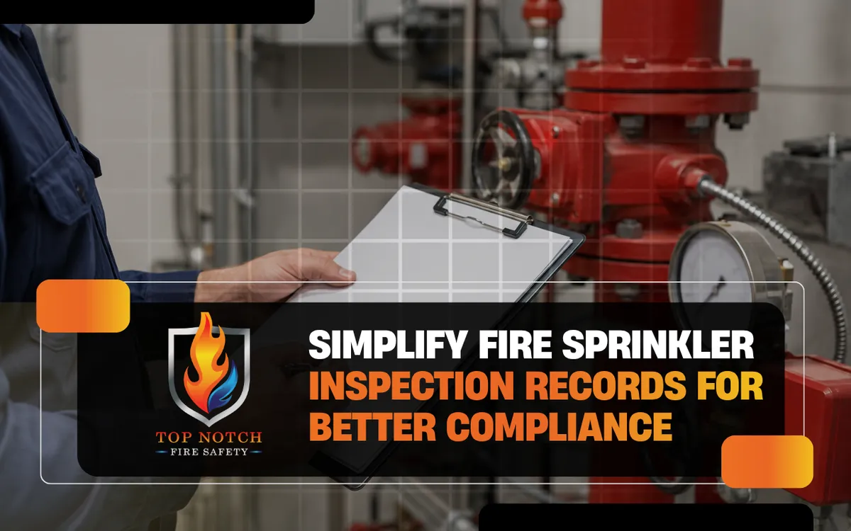 Technician reviewing fire sprinkler inspection records at a Tampa property