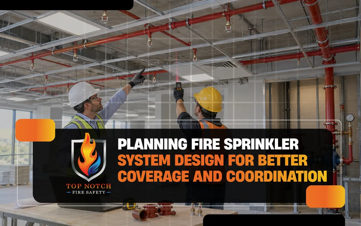 Fire sprinkler system design planned around ceiling layout, coverage, and water supply