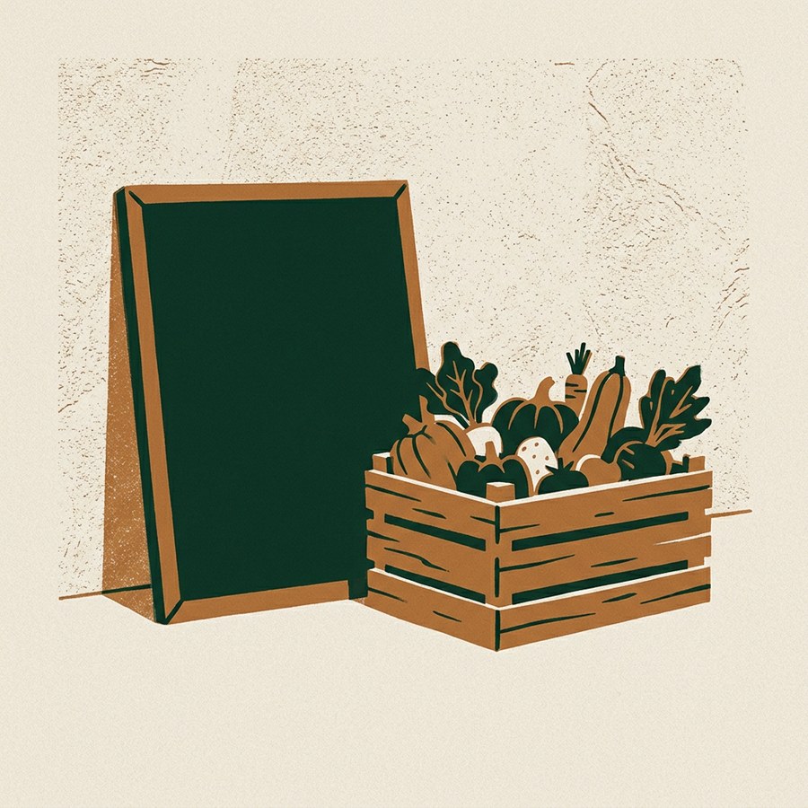 A chalkboard and produce