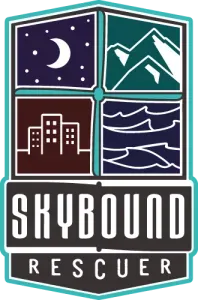 Skybound Rescuer logo featuring four quadrants: night sky with stars, mountains, city skyline, and ocean waves, representing adventure and rescue themes.