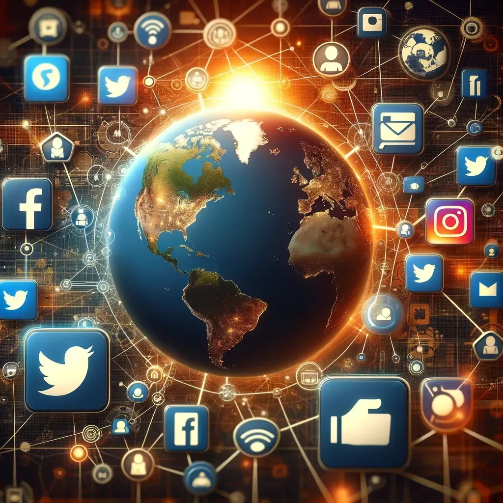 Imagen creativa que simboliza la gestión de redes sociales con iconos de diferentes plataformas como Facebook, Instagram y Twitter conectados por líneas de comunicación.