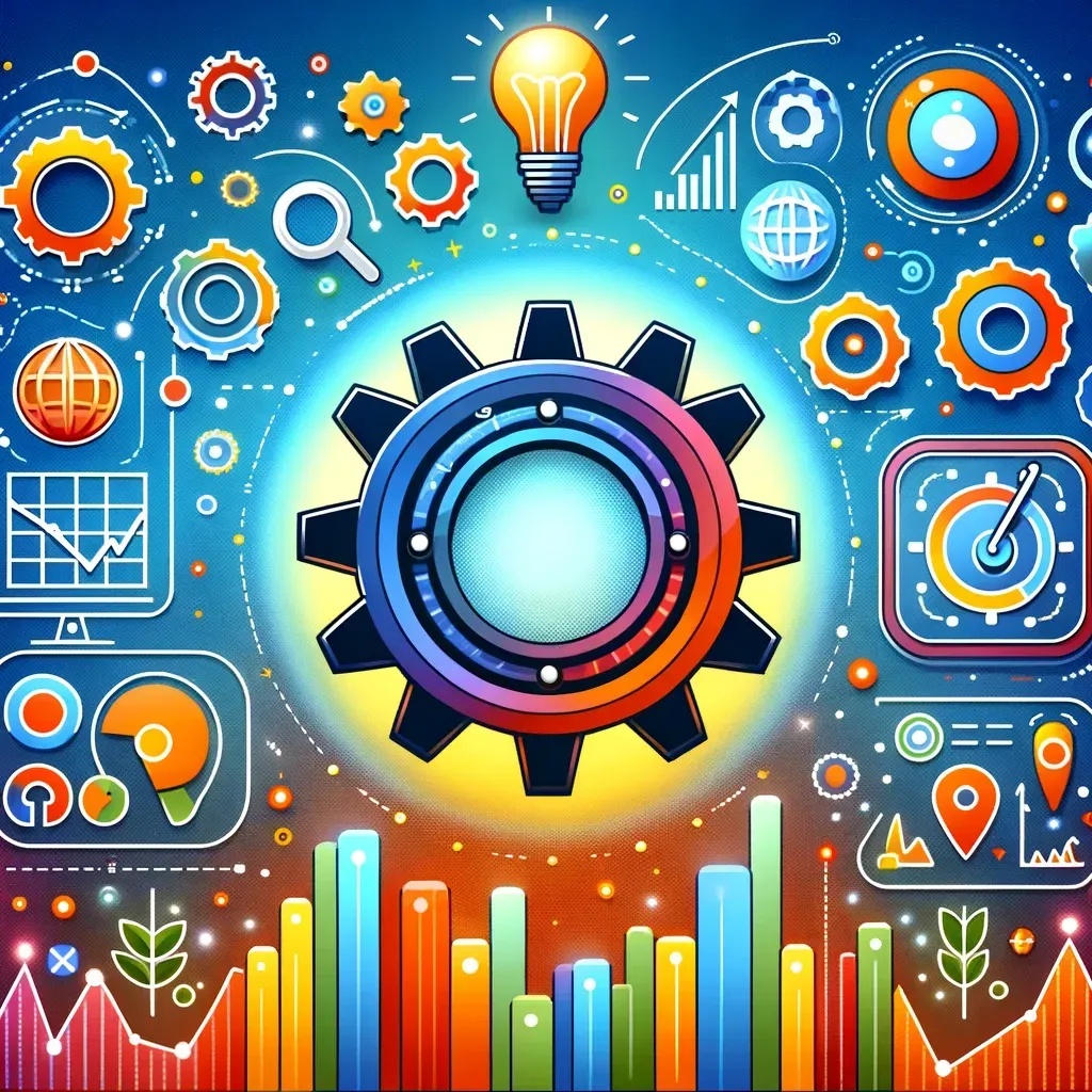 Imagen abstracta y colorida que representa la optimización de motores de búsqueda (SEO) con iconos de engranajes, lupa y gráficos de crecimiento.
