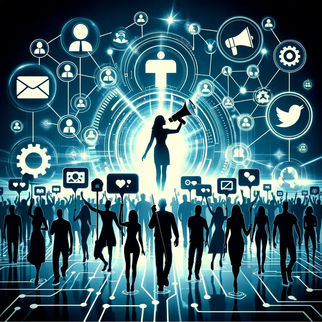 Diseño futurista que ilustra el marketing de influencers con siluetas de personas, iconos de redes sociales y líneas de conexión.