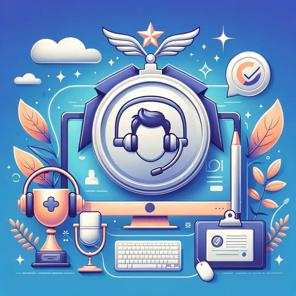 Ilustración que destaca el soporte al cliente premium en la plataforma SaaS con un icono de chat en vivo, auriculares de servicio y un medallón que simboliza la excelencia en la atención al cliente.