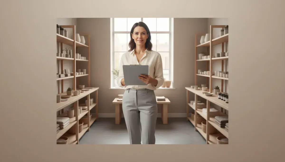 Local business owner reviews mission statement in organized shop