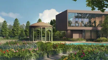 a living room with white furniture and wood floors