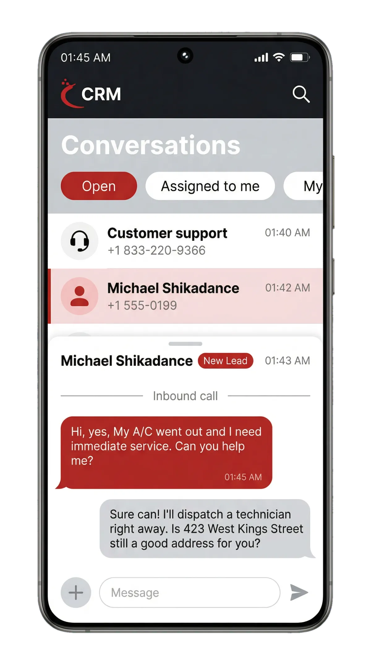 Mobile Phone showing Cayenne CRM conversation between customer support AI and New Lead
