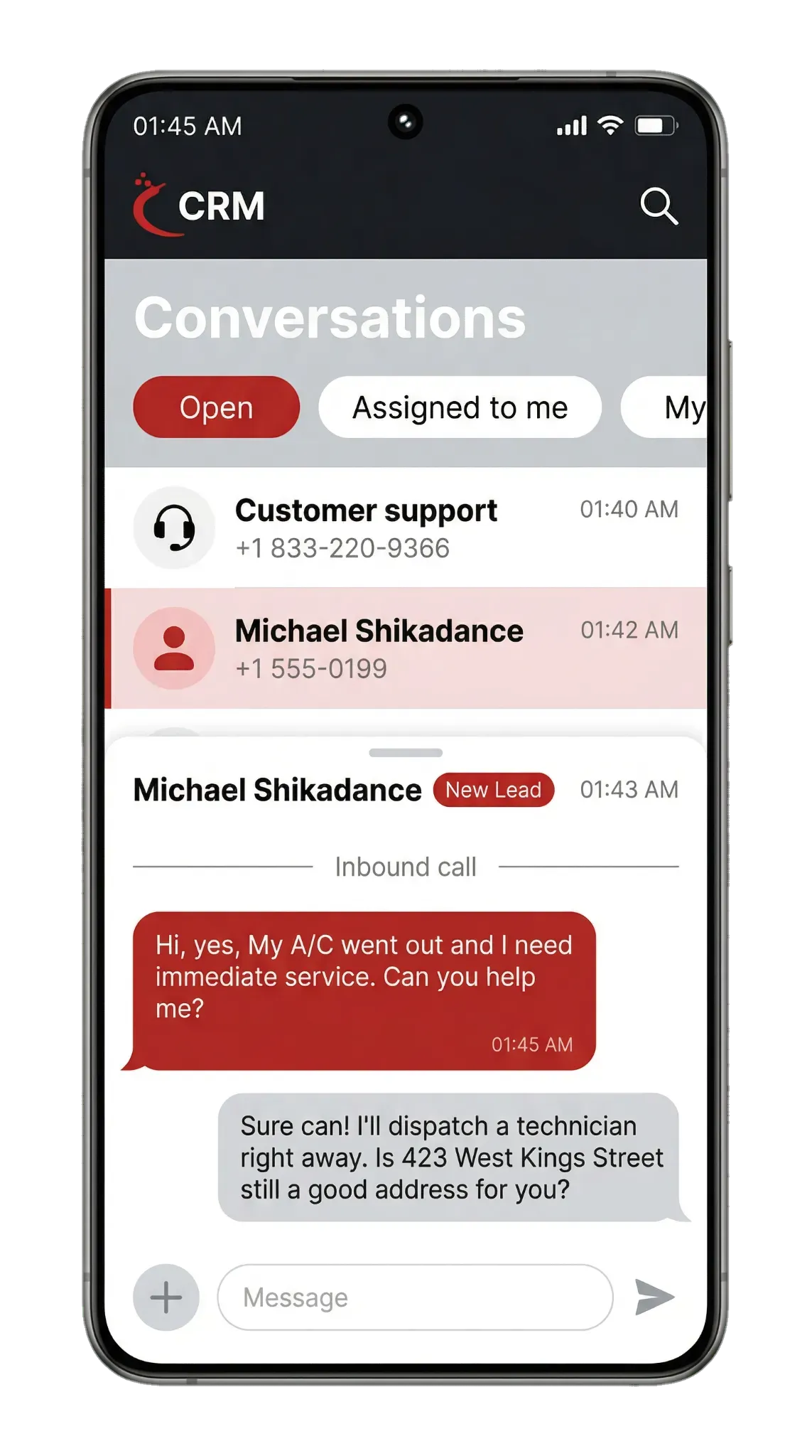 Mobile Phone showing Cayenne CRM conversation between customer support AI and New Lead