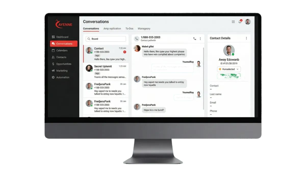 Cayenne CRM dashboard showing Conversations dashboard and with multiple contacts, single conversation window showing every interaction in the same place, and contact details
